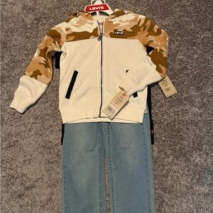 Levi's Cream and Tan Jean Jacket with Camouflage Accents